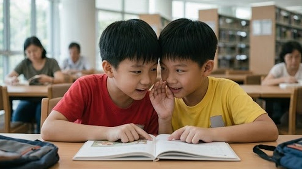 Babak 3: Kedua-dua budak itu kini membaca bersama dan berbisik dengan perlahan.