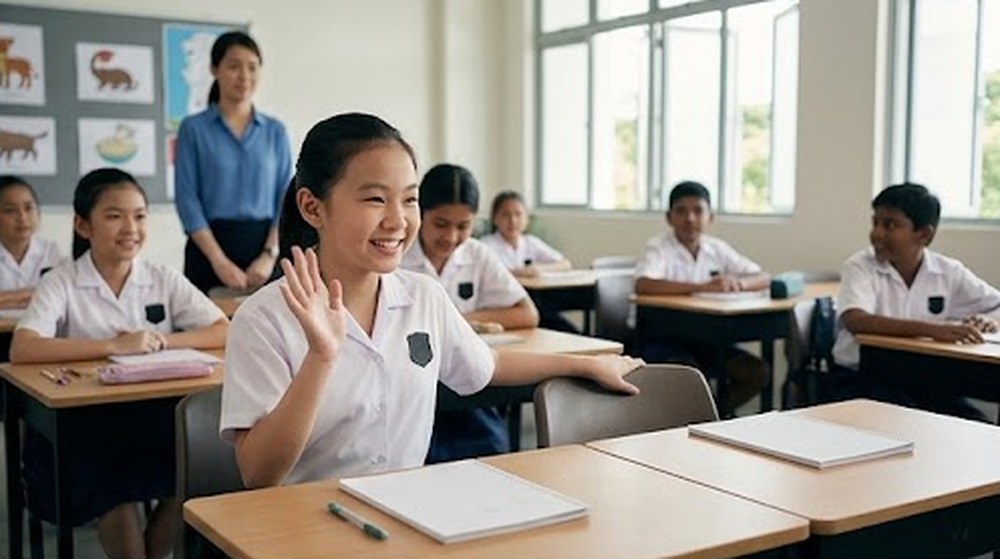 Babak 2: Seorang murid perempuan tersenyum dan melambai kepadanya dari tempat duduknya.