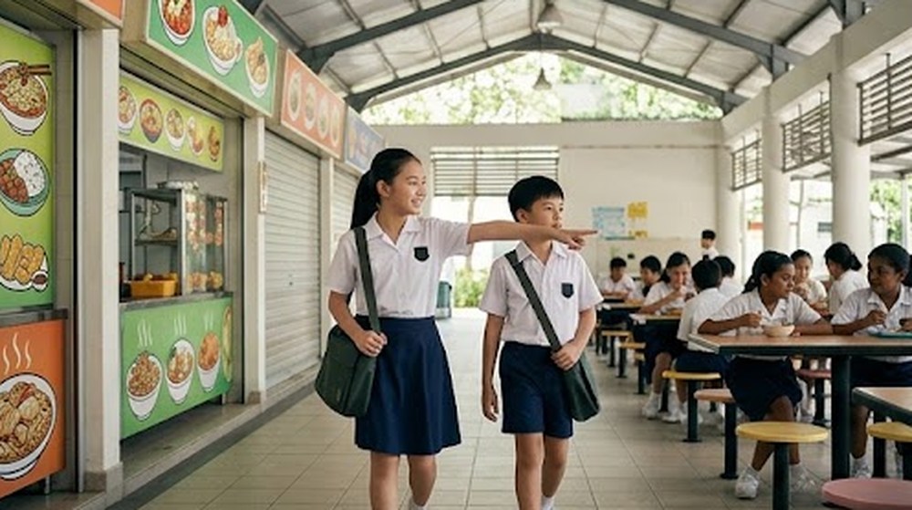 Babak 3: Pada waktu rehat, murid perempuan itu membawanya ke kantin dan menunjukkan gerai-gerai makanan.