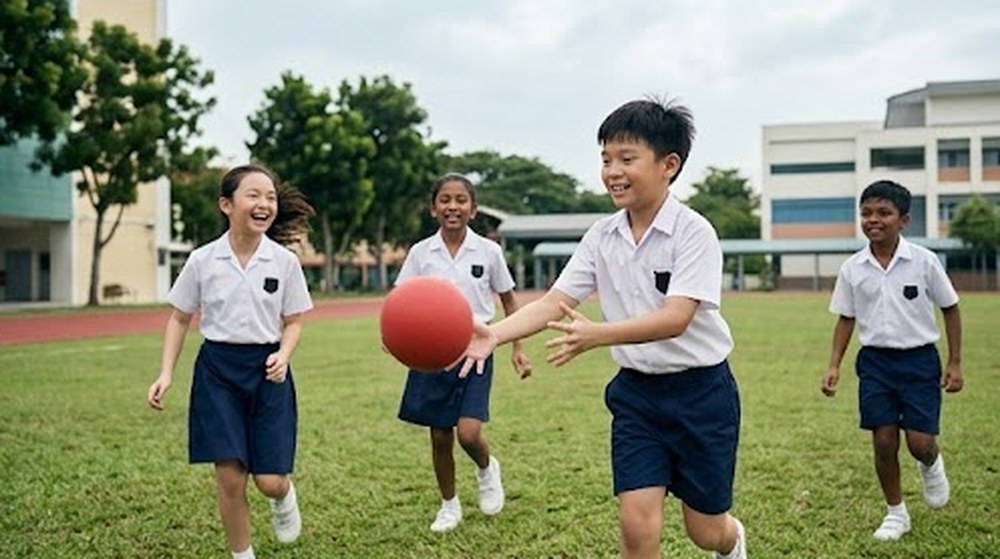 Babak 4: Di padang, murid baharu itu bermain bola bersama rakan-rakan barunya dengan gembira.