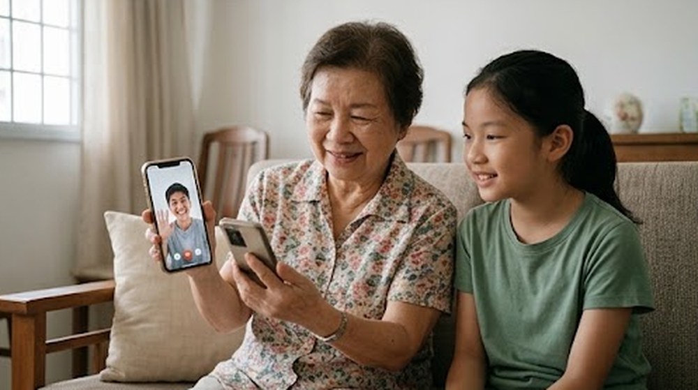 Babak 3: Nenek membuat panggilan video. Wajah seorang ahli keluarga muncul di skrin dan nenek tersenyum.