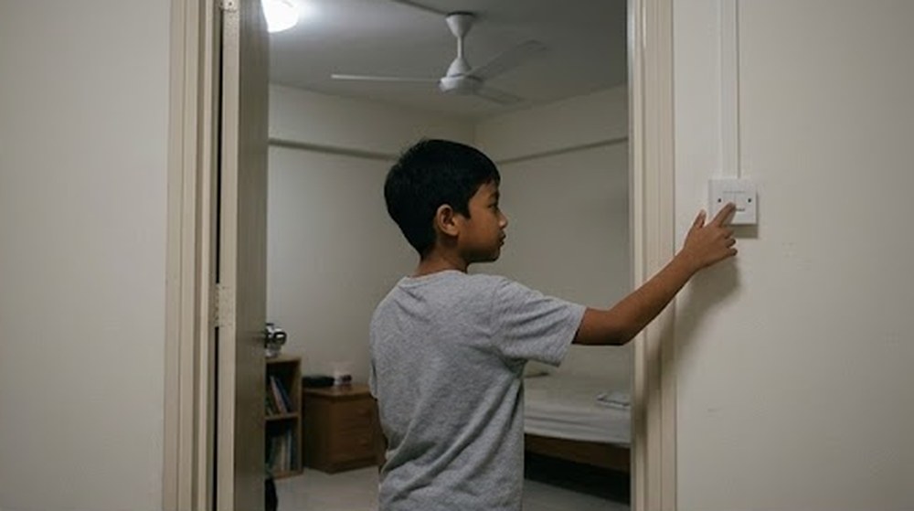 Babak 2: Seorang budak lelaki menutup suis di dinding.