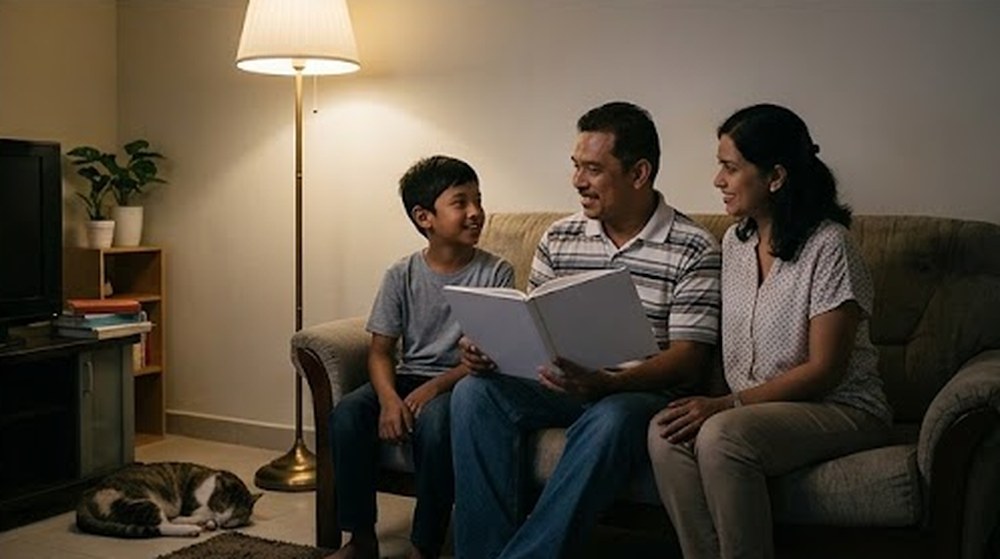 Babak 4: Pada waktu malam, keluarga itu membaca buku bersama di bawah sebuah lampu kecil. Televisyen sudah ditutup.