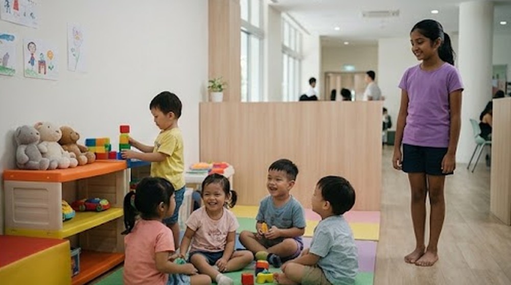 Babak 4: Beberapa orang kanak-kanak kecil bermain dengan mainan itu, dan budak perempuan itu memerhati sambil tersenyum.