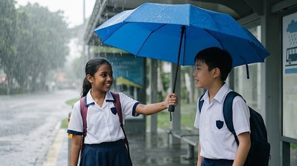 Babak 2: Seorang murid perempuan tersenyum dan mengajaknya berkongsi payung birunya.