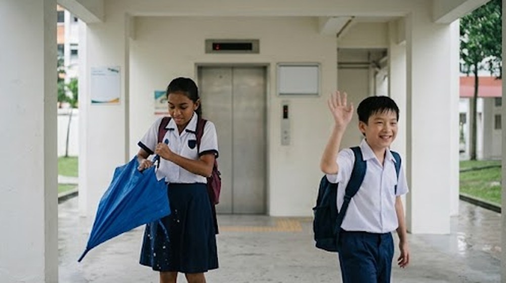 Babak 4: Di kolong blok, murid perempuan itu menutup payungnya dan murid lelaki itu melambai sambil tersenyum.