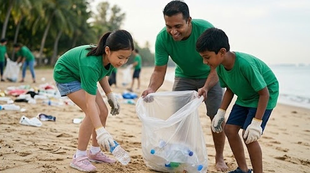Babak 2: Seorang budak perempuan memakai sarung tangan dan memungut botol plastik bersama sukarelawan lain.