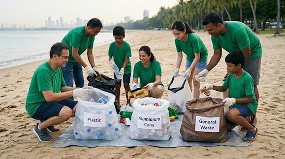 Babak 3: Mereka mengasingkan sampah ke dalam beg berlabel Plastic, Aluminium Cans dan General Waste.