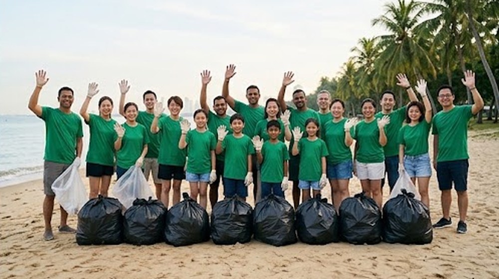 Babak 4: Pantai kini bersih. Semua sukarelawan melambai dengan gembira di belakang deretan beg sampah.