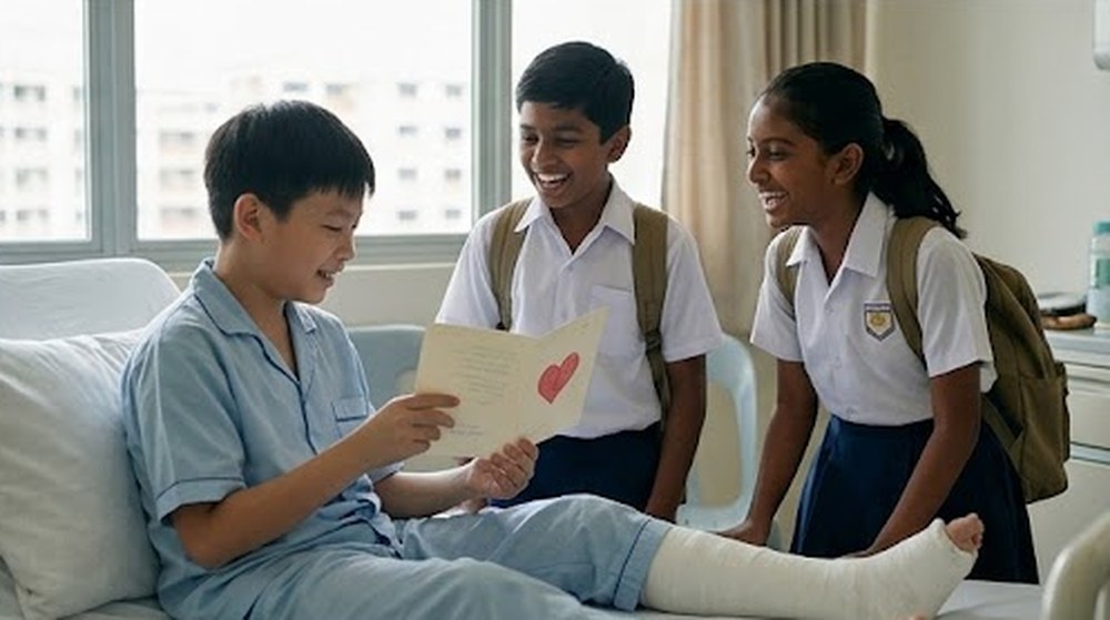 Babak 4: Murid itu membaca kad daripada rakan-rakannya dan mereka ketawa bersama.