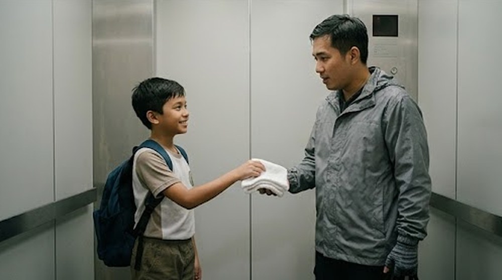 Babak 3: Di dalam lif, budak itu menghulurkan sehelai tuala kecil kepada penghantar makanan itu.