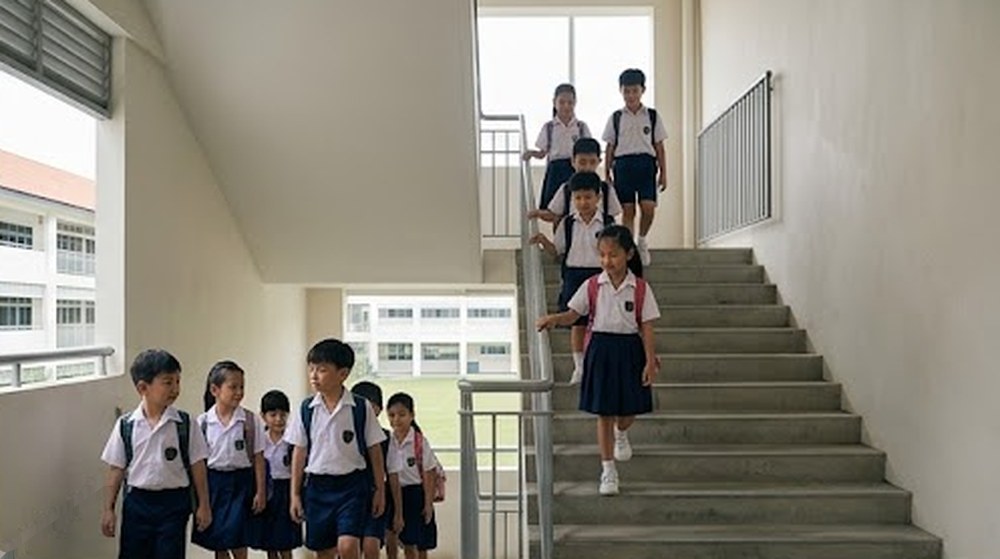 Babak 2: Murid-murid menuruni tangga dalam barisan, tanpa berlari atau menolak.