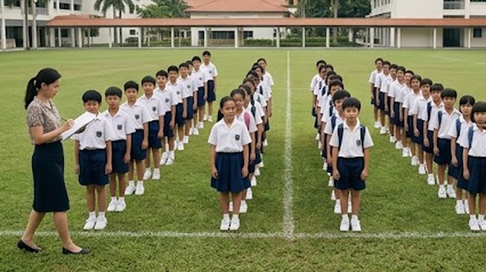 Babak 3: Di padang, murid-murid berbaris mengikut kelas. Guru mengira bilangan murid dengan senarai nama.