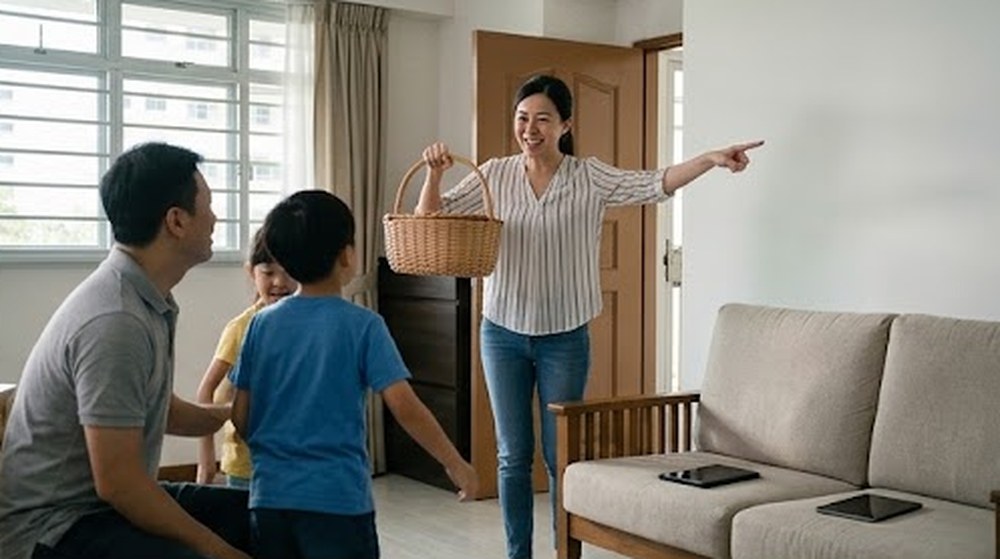 Babak 2: Ibu datang membawa bakul berkelah dan mengajak semua orang keluar. Tablet diletakkan di atas sofa.