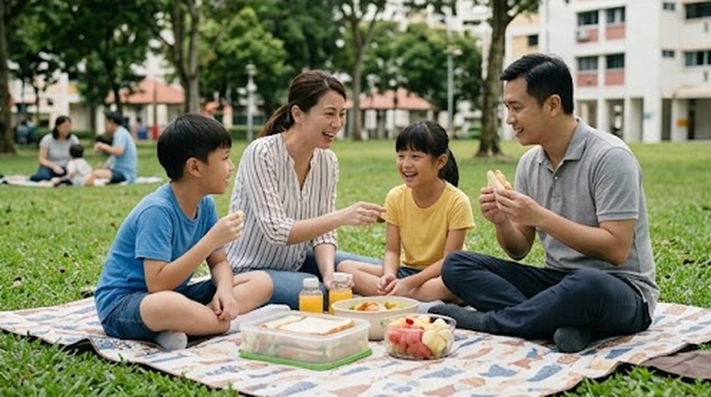 Babak 3: Keluarga itu berkelah di atas tikar di taman sambil makan sandwic dan buah-buahan.