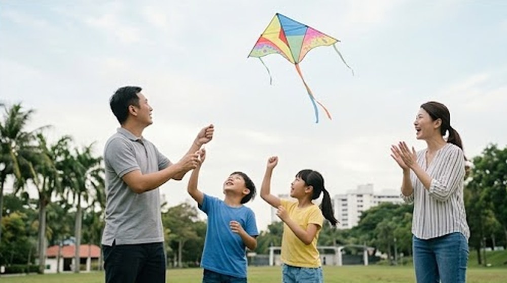 Babak 4: Mereka bermain layang-layang bersama dan ketawa gembira.