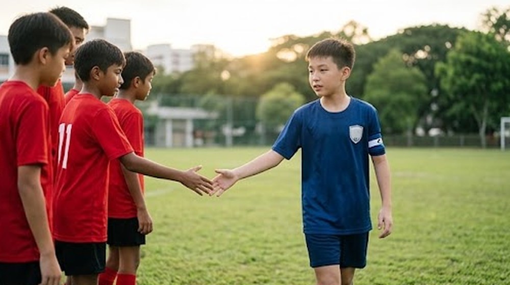 Babak 2: Kapten pasukan biru menghulurkan tangan untuk bersalam dengan pemain pasukan merah.