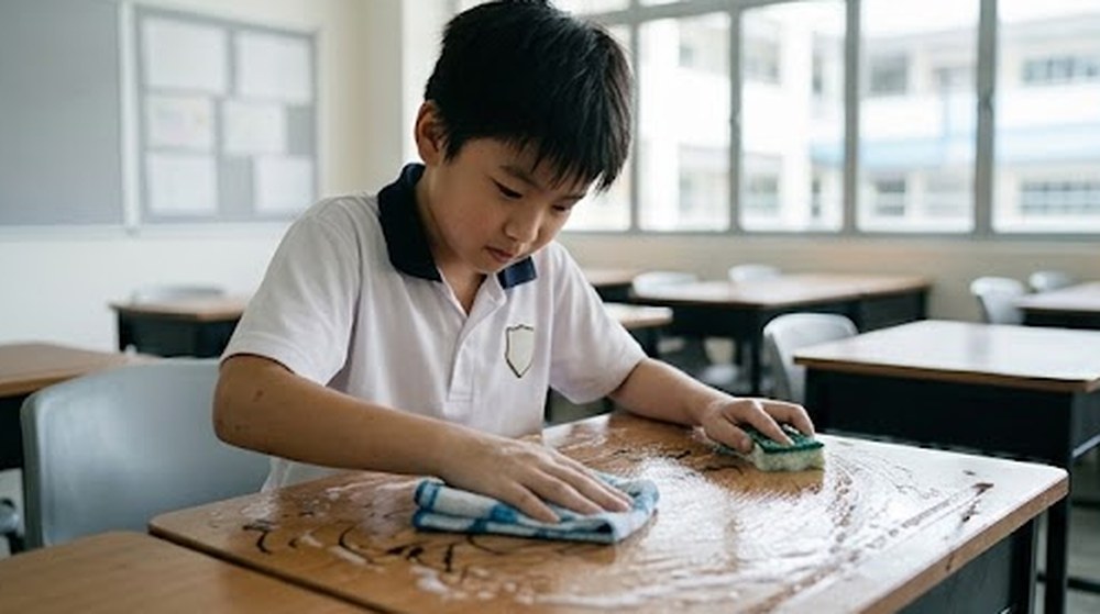 Babak 3: Murid itu menggosok meja itu dengan span dan kain sehingga contengan hilang.