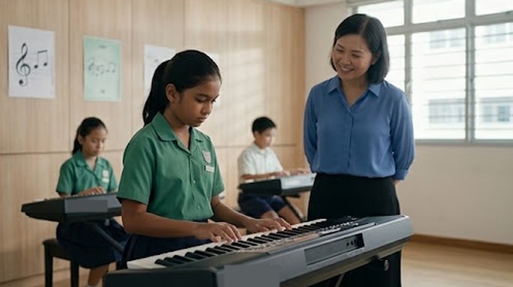 Babak 3: Kembali di kelas muzik, dia bermain dengan lebih yakin. Gurunya tersenyum bangga.