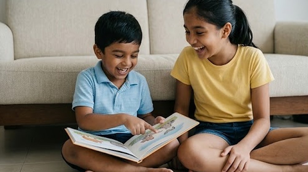 Babak 3: Adiknya kini memegang buku itu sendiri, dan mereka ketawa bersama.
