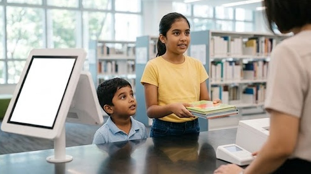 Babak 4: Di perpustakaan, adik-beradik itu meminjam lebih banyak buku di kaunter.