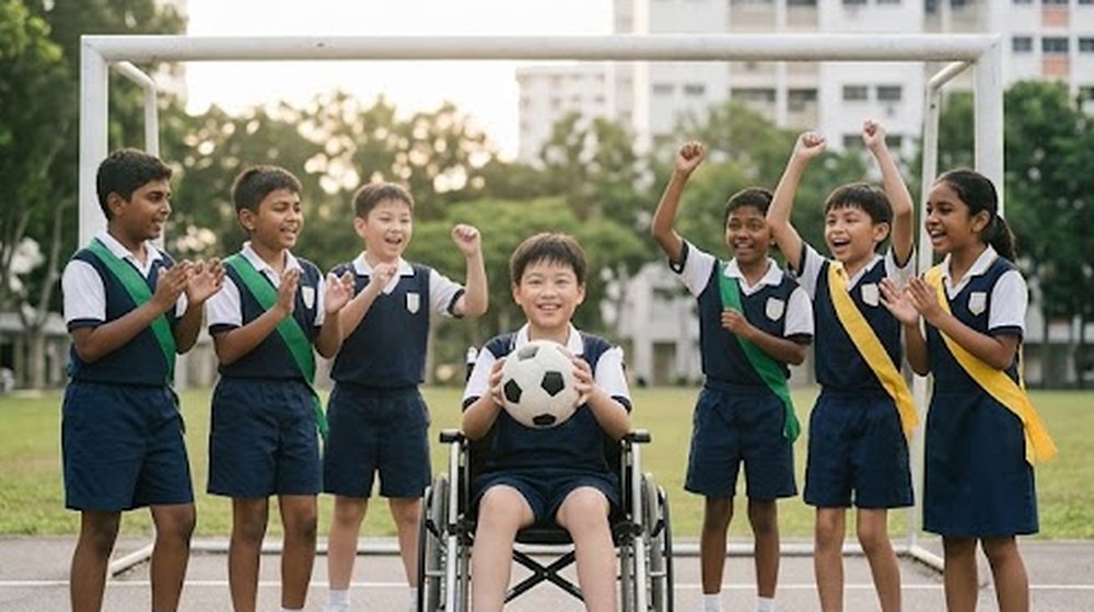 Babak 3: Murid berkerusi roda itu menjaga gol dan berjaya menangkap bola. Kawan-kawannya bersorak.
