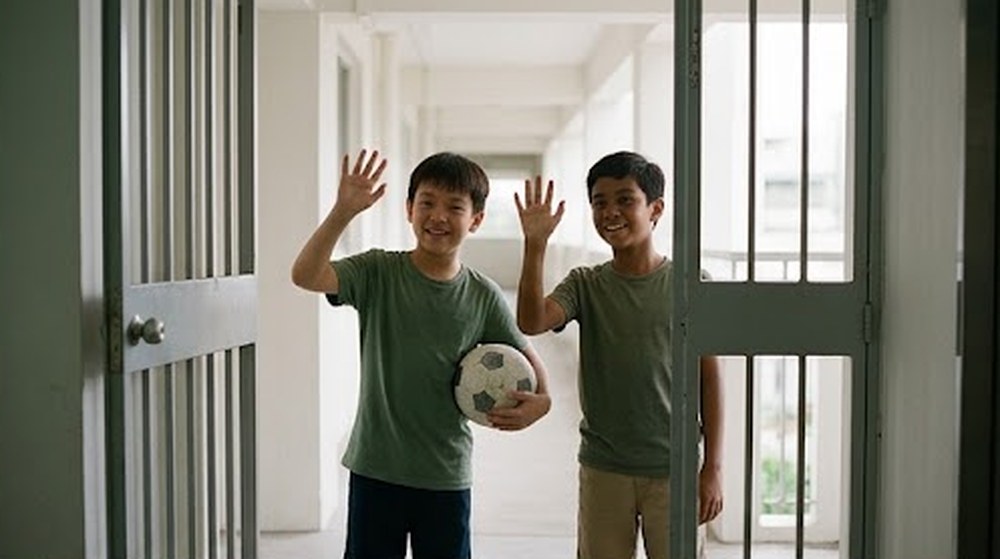 Babak 2: Dua orang kawannya datang membawa bola dan melambai, mengajaknya bermain.