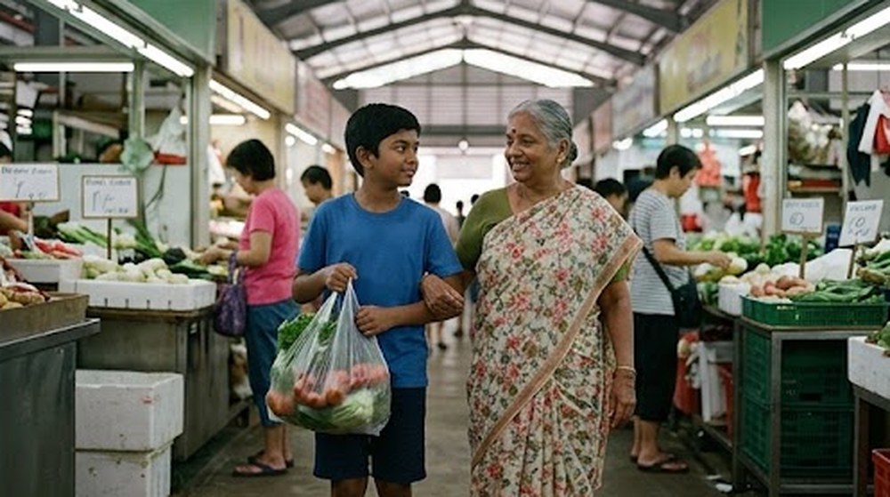 Babak 4: Di pasar basah, budak itu menemani makcik itu dan membawakan beg sayur untuknya.