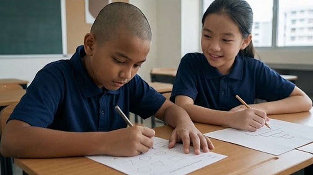 Babak 3: Mereka membuat latihan bersama. Kali ini, murid lelaki itu menulis jawapannya sendiri.