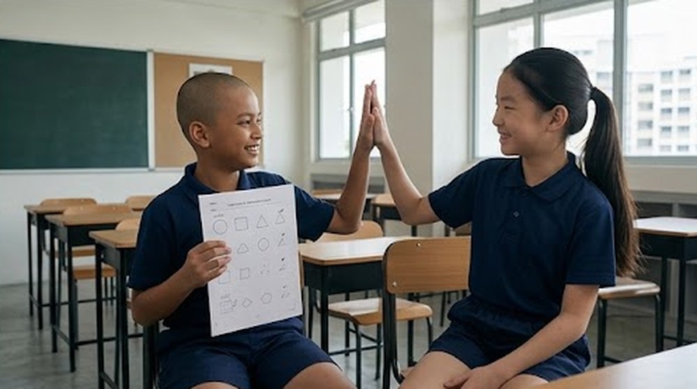 Babak 4: Murid lelaki itu mengangkat kertasnya yang sudah siap, dan mereka bertepuk tangan tinggi.