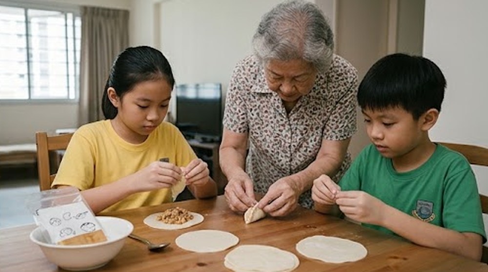 Babak 2: Mereka mengisi doh dengan inti kari dan melipatnya bersama-sama.