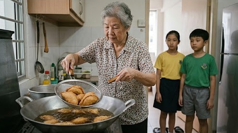 Babak 3: Nenek menggoreng karipap, dan cucu-cucunya berdiri jauh dari kuali minyak panas.