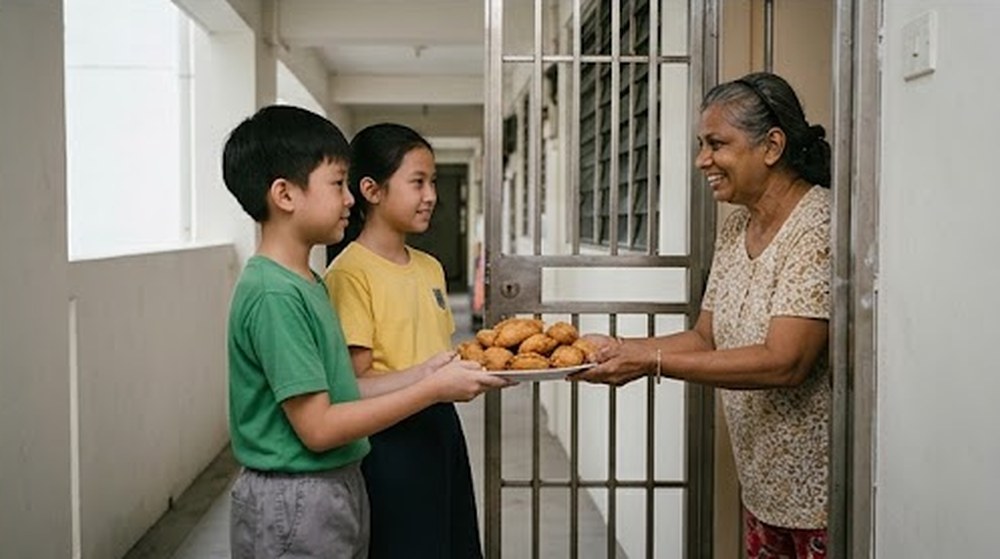 Babak 4: Kedua-dua cucu itu menghantar sepinggan karipap kepada makcik jiran, yang tersenyum gembira.