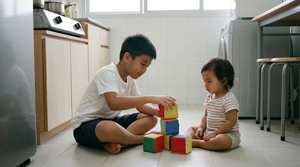 Babak 2: Abangnya membawa adik ke tempat yang selamat dan bermain blok bersamanya.