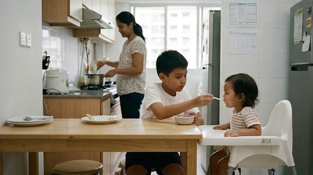 Babak 3: Abang itu menyuapkan makanan kepada adiknya di kerusi tinggi.