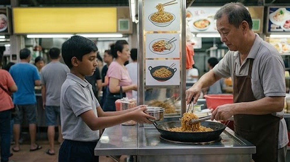 Babak 3: Di gerai, budak itu menghulurkan bekas keluli itu, dan pakcik penjaja mengisi mi ke dalamnya.