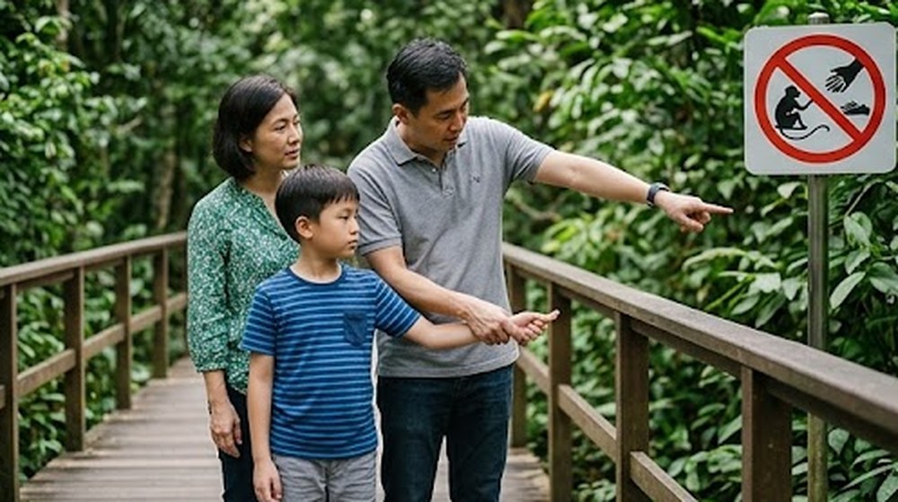 画面 3: 爸爸拉住男孩的手，指着禁止喂猴子的告示牌。
