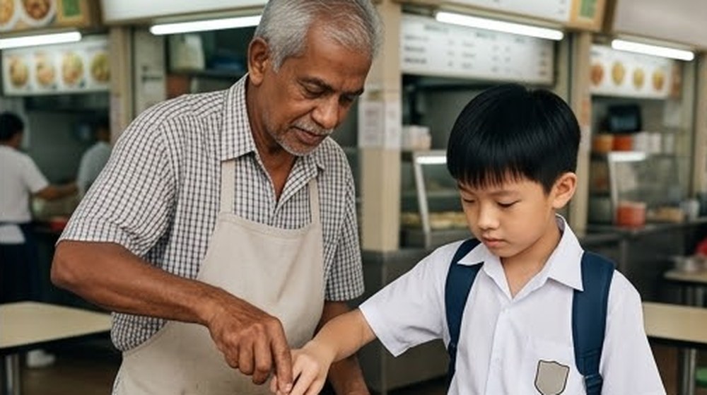 Babak 2: Pakcik itu membimbing seorang murid lelaki mengacau periuk kari dengan berhati-hati.