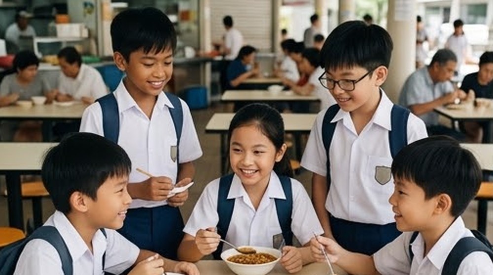 Babak 3: Murid-murid makan bersama di meja pusat penjaja sambil berbual dengan gembira.