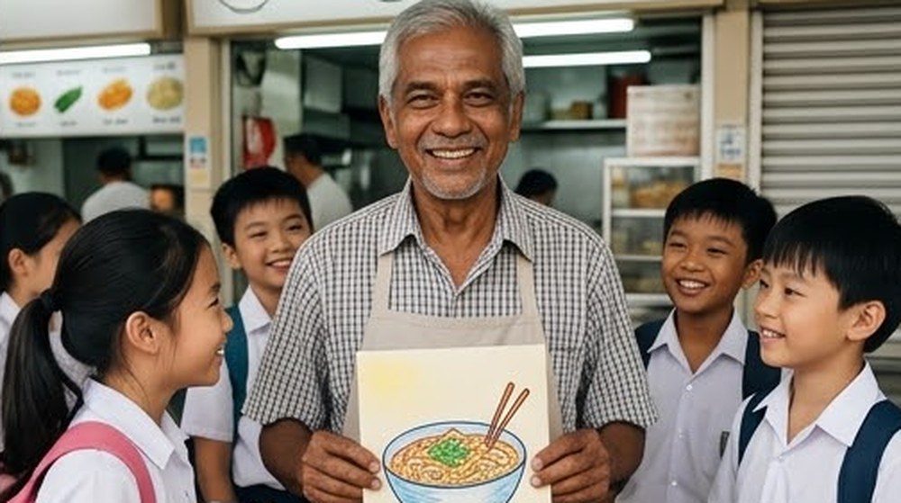 Babak 4: Pakcik penjaja itu tersenyum sambil memegang lukisan semangkuk makanan yang dihadiahkan oleh murid-murid.