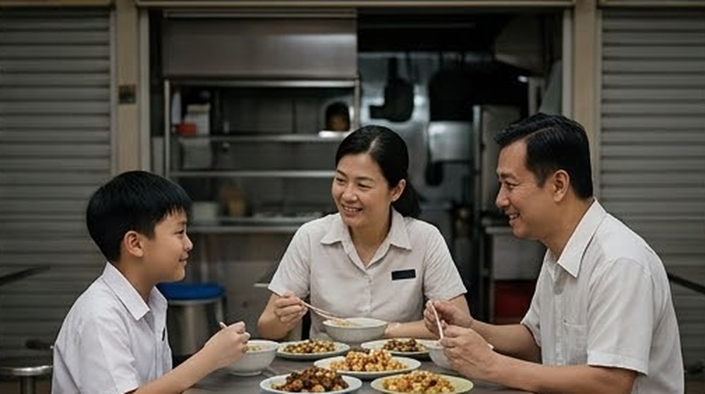 Babak 4: Selepas gerai ditutup, dia makan malam bersama ibu bapanya.