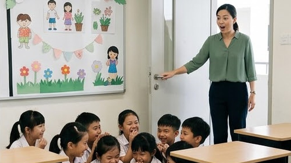 Babak 2: Guru membuka pintu dan terkejut kerana murid-murid bersembunyi di belakang meja.