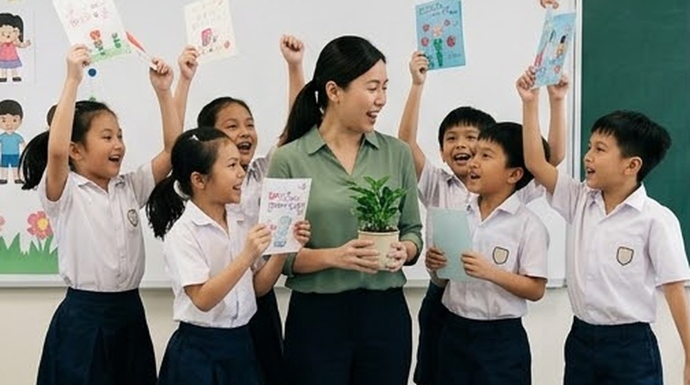 Babak 3: Murid-murid mengangkat kad ucapan, dan guru itu memegang sepasu pokok.