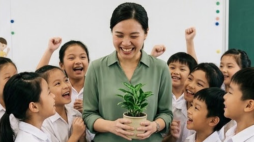 Babak 4: Guru itu ketawa gembira sementara murid-murid bersorak di sekelilingnya.