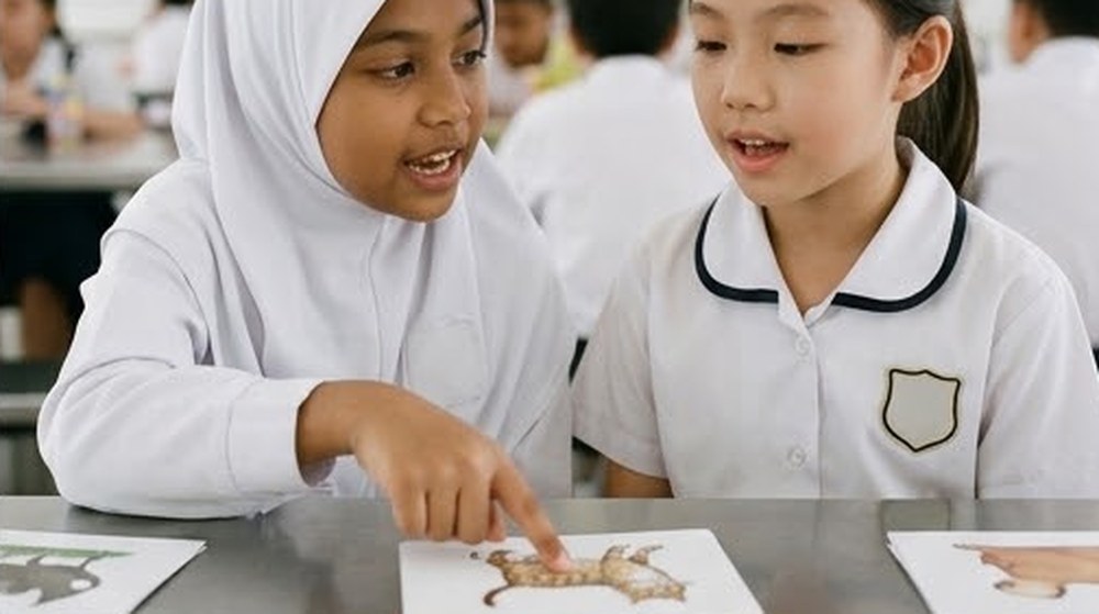 Babak 2: Murid Melayu itu menunjuk kepada gambar cicak dan menyebut perkataannya dengan jelas.