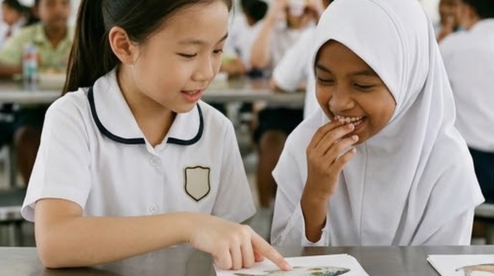 Babak 3: Murid Cina itu mencuba menyebut perkataan itu, dan kawannya ketawa kecil dengan mesra.