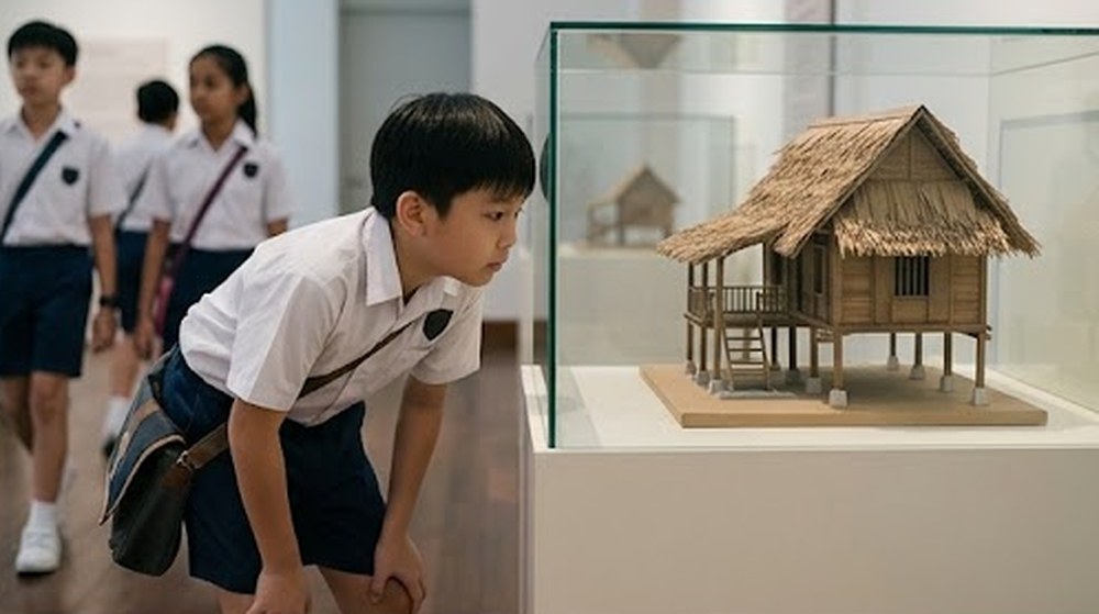 Babak 2: Seorang murid lelaki memerhatikan model rumah kampung di dalam bekas kaca dengan teliti.