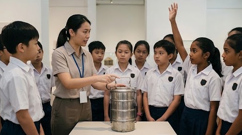 Babak 3: Pemandu muzium menunjukkan sebuah mangkuk tingkat, dan seorang murid mengangkat tangan untuk bertanya.