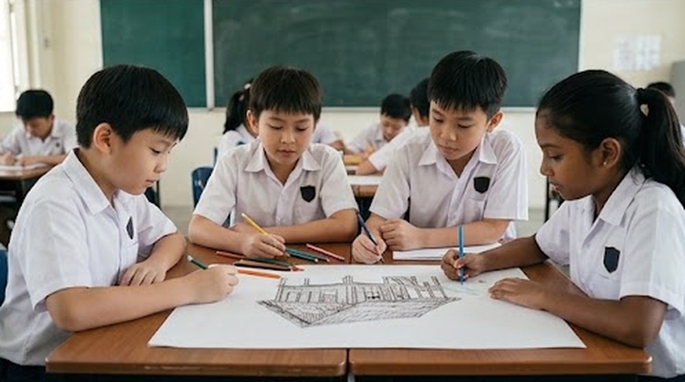 Babak 4: Di dalam kelas, murid-murid melukis rumah kampung itu bersama-sama di atas kertas besar.