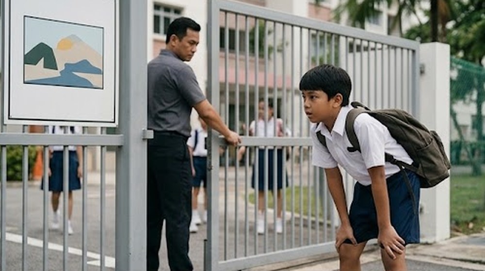 Babak 2: Dia tiba di sekolah dalam keadaan tercungap-cungap ketika pengawal keselamatan sedang menutup pintu pagar.